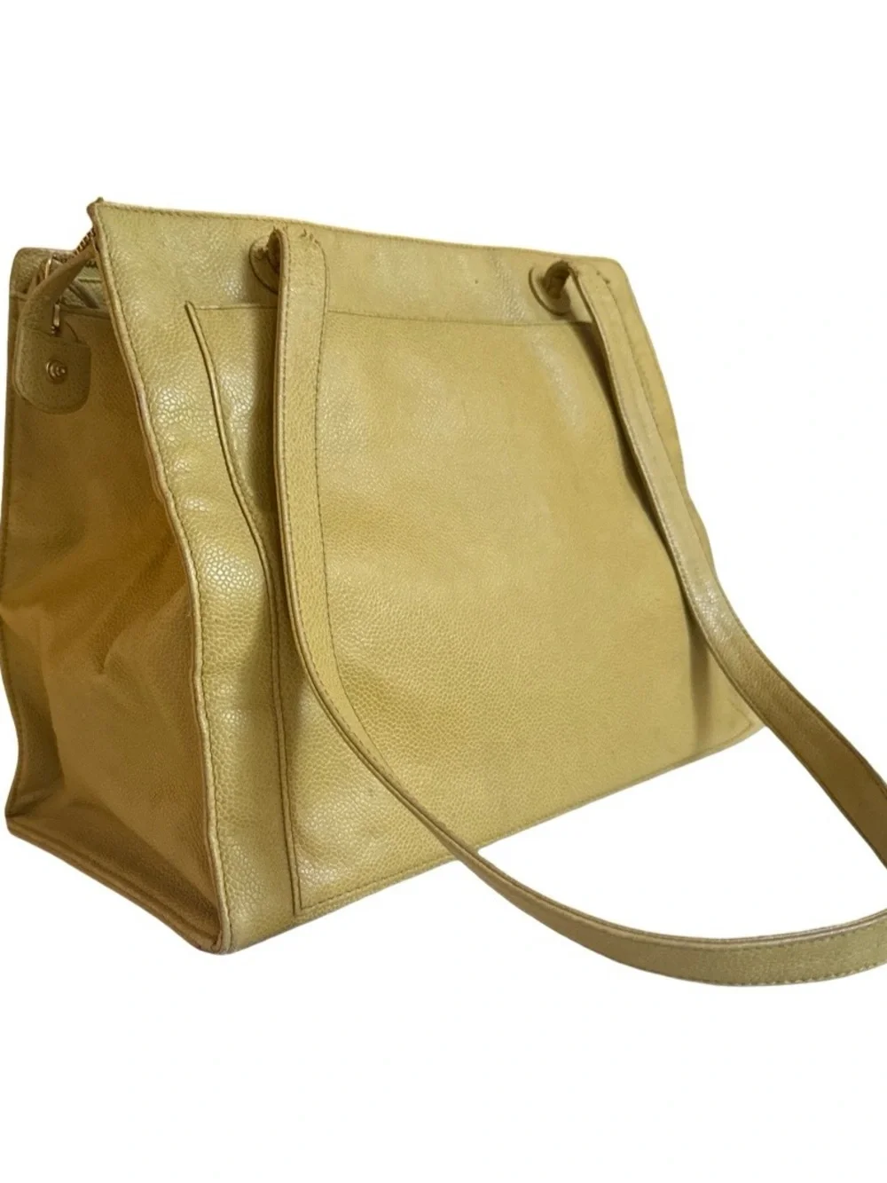 Vintage Chanel Olive Green Caviar Leather CC Logo Shoulder Tote Bag